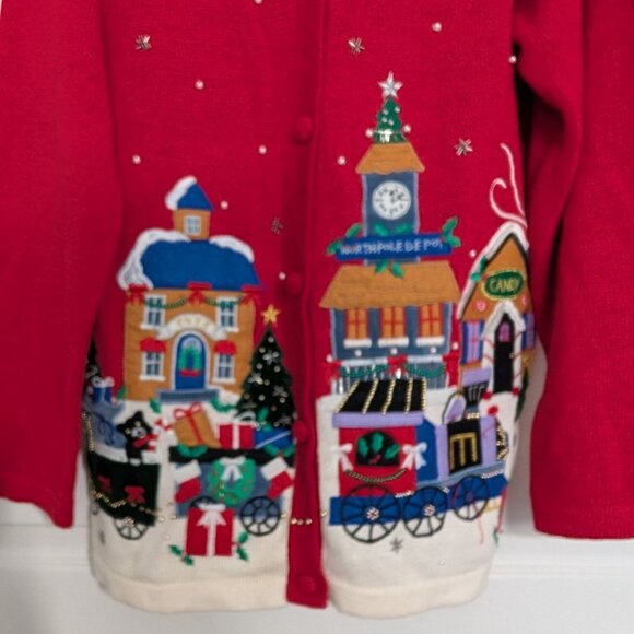 Vintage North Pole Cardigan Womens Size Medium Embroidered Beaded Christmas Red - Picture 4 of 16